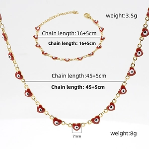 Detail of 18K gold-plated Evil Eye heart jewelry set showing sizes and weights