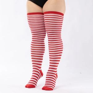 Detailed close-up showing the red and white striped pattern and fine knit texture of stockings