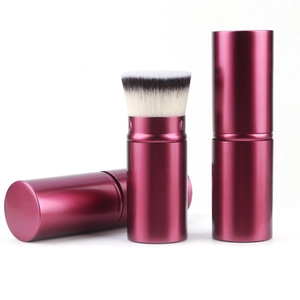Portable retractable makeup brush set with dark rose red metal casing and soft dual-color bristles