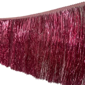 Deep magenta 20cm metallic fringe trim with shimmer tinsel for festive garments