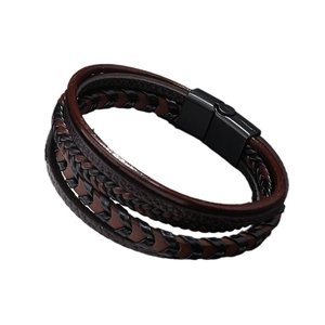Bracelet multicouche en cuir tressé pour homme avec fermoir magnétique en métal noir marron