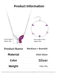 Détails techniques de l'ensemble collier et bracelet papillon en argent S925 avec pierres roses