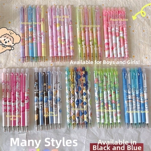 Detailed close-up of colorful cartoon erasable pens with various bear and astronaut patterns