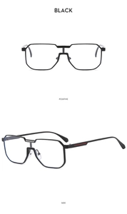 Detailansicht der schwarzen eckigen Oversize-Sonnenbrille mit Front- und Seitenansicht