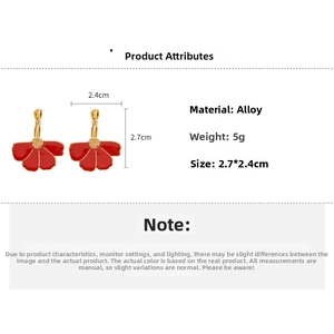 Detailed view of red oil-drip flower earrings, alloy material, size 2.7x2.4cm, 5g weight