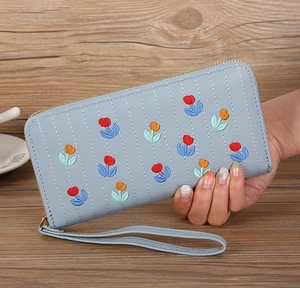 Long light blue PU leather wallet with colorful tulip embroidery and wrist strap