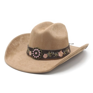 Chapeau De Cowboy Occidental Rétro Fedora En Daim Avec Broderie Ethnique Large Bord Bohème Pour Femmes