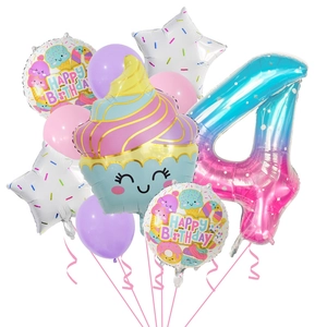 Detail of ice cream themed birthday balloon set with number 4 and colorful stars