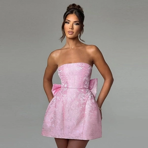 Robe Mini Bustier En Jacquard Pour Femmes Grand Nœud Dos Lacé Coupe Ajustée Sexy Fête Élégante Clubwear