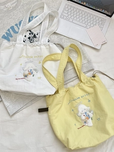Large capacity canvas tote bag with cute lamb embroidery and drawstring closure