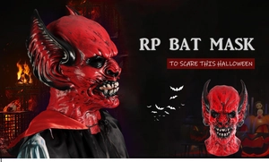 Detail view of red latex bat mask for Halloween cosplay with a spooky demonic design
