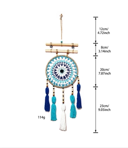 Detailed view of bohemian blue evil eye dreamcatcher with size and weight dimensions