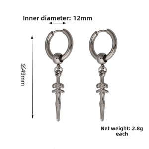 Detail view of silver stainless steel cross earring with dimensions 12mm diameter and 49mm length