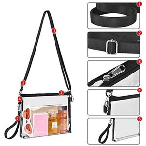Transparent PVC crossbody bag with adjustable black shoulder strap and zipper detail