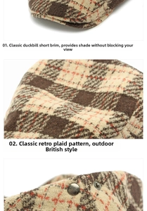 Detailed view of the vintage plaid wool flat cap with short brim and metallic snap button