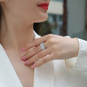 Sparkling wide 925 sterling silver band ring with multiple rows of pavé micro-set moissanite