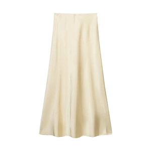 Detailed close-up showing the smooth champagne satin texture and drape of the midi skirt