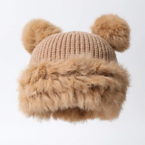 Winter Beanie Hat Women Double Faux Fur Poms Cute Bear Ears Thick Cotton Knit Plush Trim Warm Outdoor Sweet