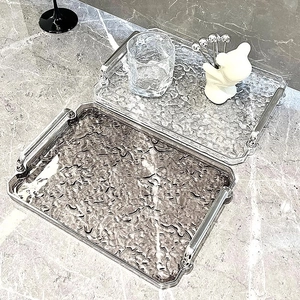 Rectangular Serving Tray With Water Ripple Texture Plastic Decorative Plate With Silver Handles For Living Room Coffee Table