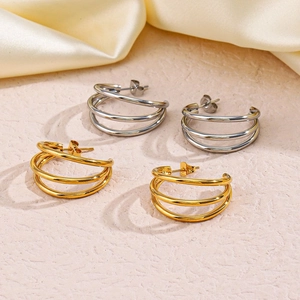 Minimalist Triple Hoop C-Shape Earrings 18K Gold Plated Stainless Steel Geometric Fashion Piercing Jewelry For Women