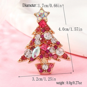 Christmas tree brooch with colorful crystals and gold finish, sized 4.0cm by 3.2cm