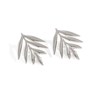 Close-up of polished silver leaf stud earrings in stainless steel on white background