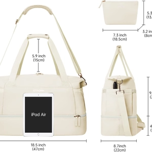 Beige fitness travel bag set with USB port and size dimensions relative to an iPad Air