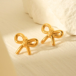 Bow Stud Earrings 18K Gold Plated Stainless Steel Minimalist French Style Hypoallergenic Waterproof Jewelry For Women