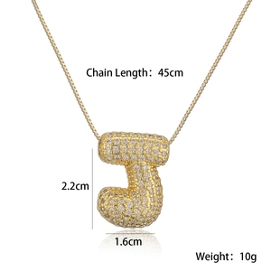 Detailed size specifications for the gold crystal letter J pendant necklace with box chain