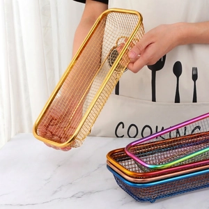 Rectangular stainless steel cutlery baskets in gold and rainbow finishes for kitchen storage