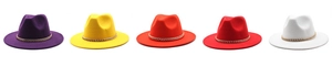 Detailed view of colorful wool felt fedoras with decorative gold metal chain link bands