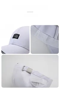 Detail shots of white cotton baseball cap showing woven label and metal adjustment buckle