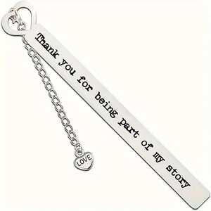 Silver stainless steel bookmark with heart charm and Thank You engraving for book lovers