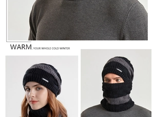 Close-up of thick striped knit texture on winter beanie and matching neck warmer set