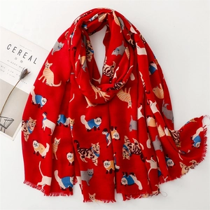 Red cotton linen scarf with colorful hand-drawn cartoon cat patterns and fringe edges