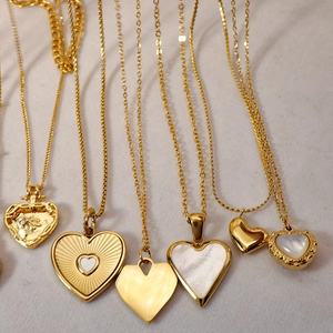 Vintage 18K gold plated stainless steel heart necklaces with mother of pearl inlays