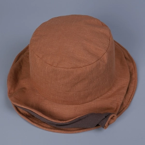 Detail of vintage linen sun hat featuring unique layered double-brim and textured weave