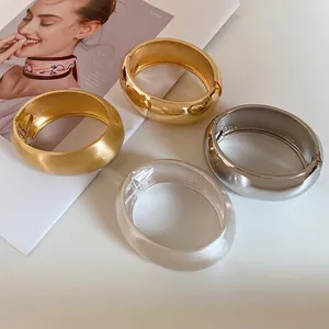 Oval Wide Cuff Bangle Minimalist Mirror Polished Alloy Metal Fashion Jewelry For Women