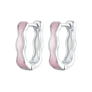 S925 Sterling Silver Pink Enamel Wave Hoop Earrings For Women Personalized Minimalist Fashion Ear Buckle Jewelry Gift