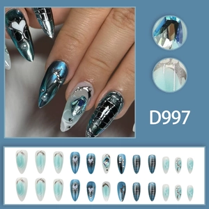 Blue gothic press-on nails with silver heart patterns and 3D gemstones, 24 piece set