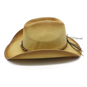 Classic straw western cowboy hat with wooden beads and curved brim for summer sun protection