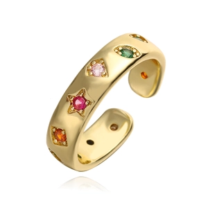 18K gold plated copper ring with multi-colored gemstones in geometric patterns