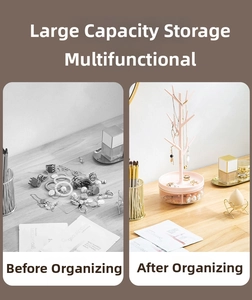 Detail of tree-shaped jewelry organizer with pink branches and clear tray for rings