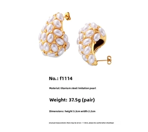 Detail view of water-drop faux pearl earrings in 18k gold-plated titanium steel