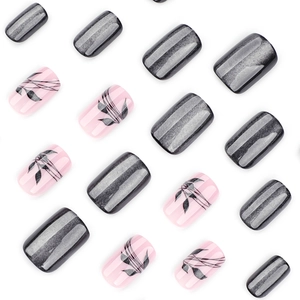 Black cat-eye shimmer press-on nails with floral painted patterns in square shape