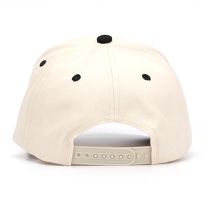 Detail of adjustable snapback closure on off-white cotton canvas baseball cap