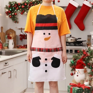 Christmas snowman themed white apron with black top hat and red checkered waist belt