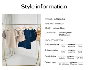 Detail view of the product specification chart and fabric blend for women knit two-piece sets