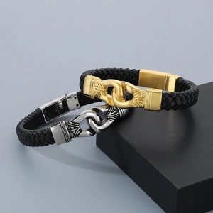 Men's punk style woven black leather bracelets with 316L stainless steel clasp detail