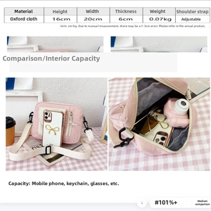 Detail view of pink Oxford fabric crossbody bag with dimensions and interior capacity